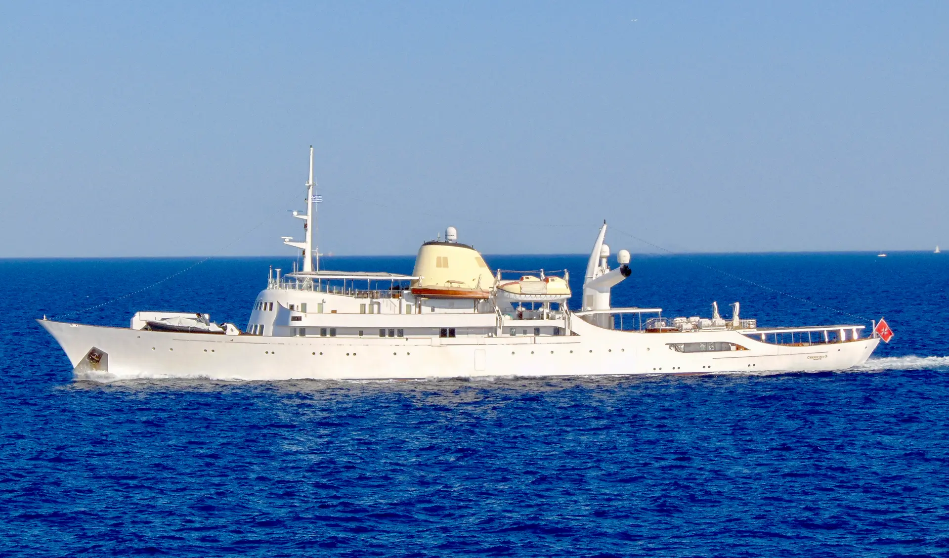 CHRISTINA O underway in the Mediterranean, white hull and cream funnel